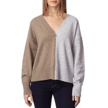 Theo &amp; Spence V-neck Tan Gray Colorblock Soft Sweater Oversized Womens Sz Small - $13.98