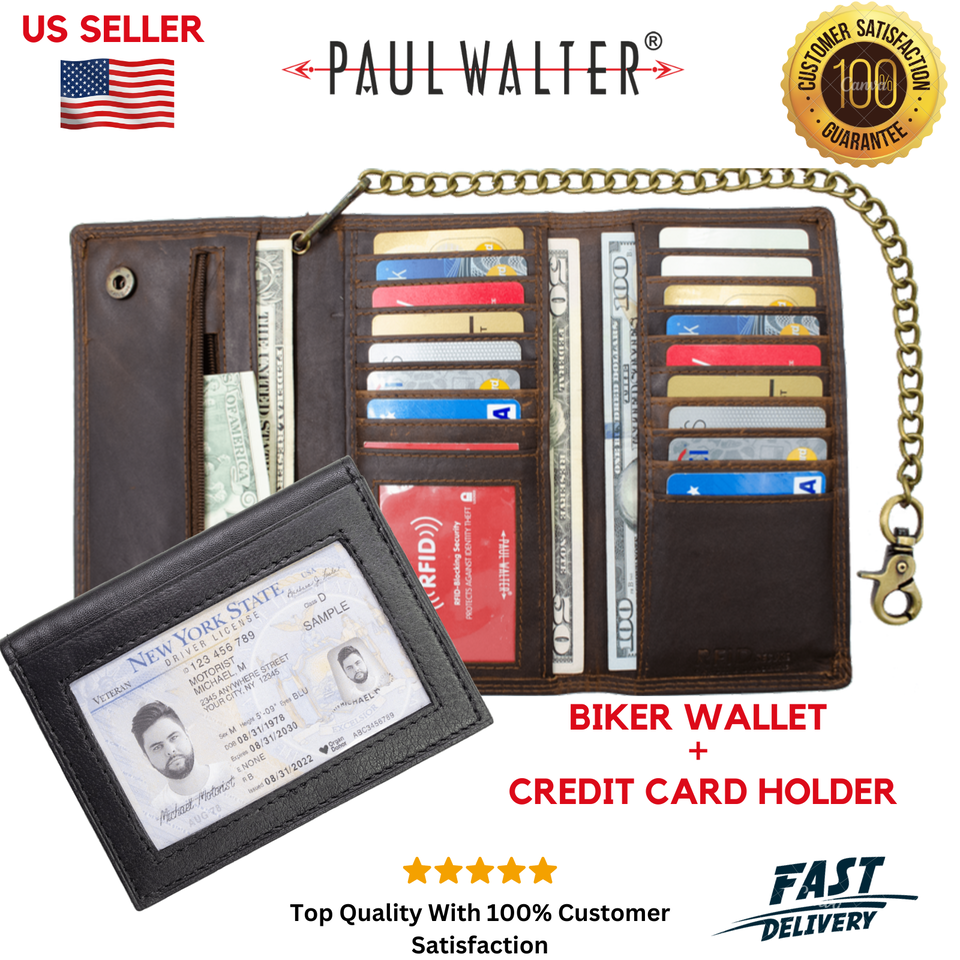 Hunter Leather Biker Wallet with RFID Blocking with Credit Card Holder  - £22.42 GBP