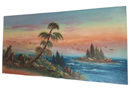 Vintage Art Oil Painting On Board signed H. Adkins Ocean Sea Tropical birds Tree - £111.58 GBP