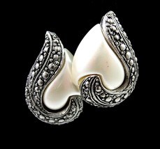 Avon White Faux Pearl TEARDROP Imitation Marcasite PIERCED Earrings Vintage 1&quot; - £15.02 GBP