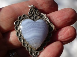 Handmade Custom African Blue Lace Agate Heart Pendant Set In Sterling Silver - £118.11 GBP