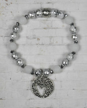 Foil Matte Glass White Silver Metal Spacer Heart Stretch Bracelet Handmade 7.5&quot; - £14.85 GBP
