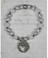 Foil Matte Glass White Silver Metal Spacer Heart Stretch Bracelet Handma... - £14.78 GBP