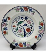 1900s Booths Silicon China Floral With Green Parrot Bird 10.5&quot; Rimmed Bowl - $1,175.58 MXN