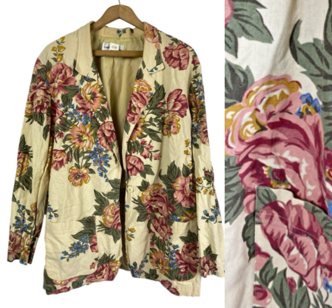 Floral Blazer Size L Womens Linen Blend Vintage Cottagecore Romantic Preppy - $65.09