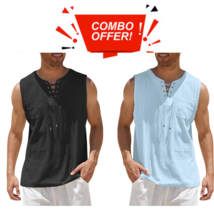 Cotton Linen Tank Top Shirts Casual Sleeveless Lace Up Beach Hippie Tops Bohemia - £66.99 GBP