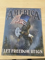 America Let Freedom Reign Metal Sign With Eagle Holding American Flag  - £15.07 GBP