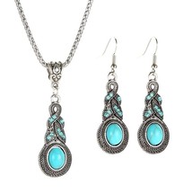 Summer Sale! New Retro Pattern Blue Crystal Inlaid Turquoise Earrings Ne... - £15.55 GBP