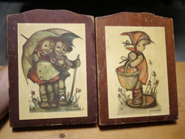 Pair of 2 Vintage HUMMEL Prints Laquered on Solid Pine Wood, Girl Boy Umbrella - £10.47 GBP