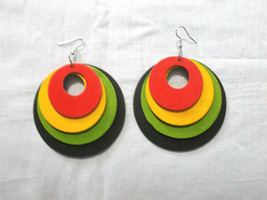 Rasta Wooden 4 Red Yellow Green Black Rounds Graduating 3 1/4&quot; Pair Earrings - £4.00 GBP