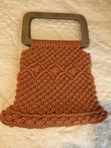Vtg 1960s-70s Orange Macrame Crochet Wood Handle Bag Purse  Handmade Hippie Boho - £25.31 GBP