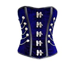 Blue Velvet Black Leather Stripes Chain Gothic Halloween Costume Overbust Corset - £61.61 GBP