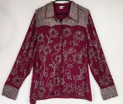 Emma Black Shirt Womens 12 Burgundy Silk Beaded Western Hidden Snap On Top - £55.86 GBP