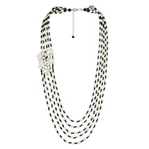 Luscious Flower Blossom White Pearl Black Crystal Long Layered Necklace - £82.12 GBP