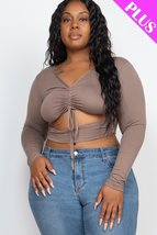 Plus Size Taupe Drawstring Ruched Cutout V Neck Long Sleeve Crop Top - £9.48 GBP