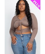 Plus Size Taupe Drawstring Ruched Cutout V Neck Long Sleeve Crop Top - £9.59 GBP