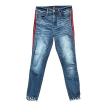 Abercrombie &amp; Fitch Jeans Simone High Rise Ankle Red Stripe Blue Denim Fringe 4 - £5.22 GBP