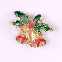 ✅ Vintage Brooch Pin Christmas Bells Holly Gold Plate Enamel - £3.81 GBP