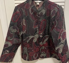 Christopher &amp; Banks Blazer Women&#39;s L Pink Black Floral Tapestry Zip Fron... - $18.99