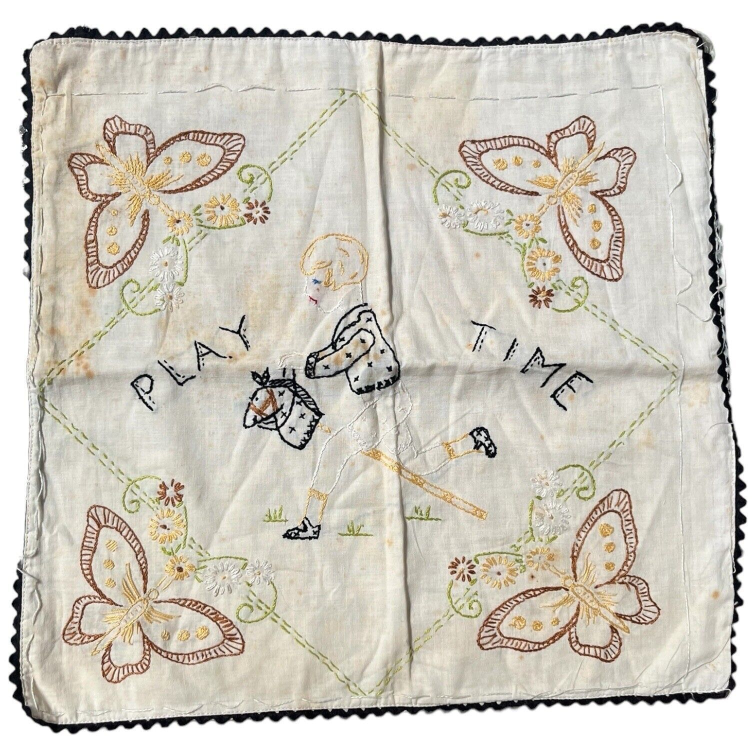 Vintage Hand Embroidered Play Time Pillowcase With Butterflies &amp; Boy Design - $8.60