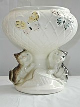 Grey Kittens Butterflies Net Planter Ceramic Wide Mouth Woven Prowling Hunt - £22.84 GBP