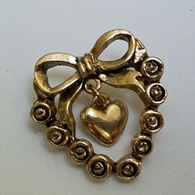 Vintage Camco Dangling Heart and Bow Lapel Tac Pin Brooch Signed Gold Tone - £16.78 GBP