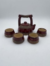 Pier 1 Shanghai Tea Set 4 Cups, Teapot &amp; Lid No Tray Rustic Deep Red Ear... - $27.73