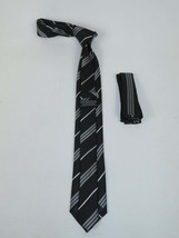 Mens Narrow Tie/Hankie Set Woven Vito Rofolo VTR-107 Black White Stripe image 2
