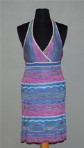GUESS Lined Perforated Knit Halter Dress Blue Pink Gold Metallic Thread Wm&#39;s M - £27.96 GBP
