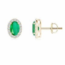 Natural Emerald Oval Earrings with Diamond Halo in 14K Gold (Grade-A , 6x4MM) - £615.00 GBP