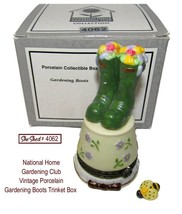 National Home Gardening Club Vintage Porcelain Gardening Boots Trinket Box - $26.95
