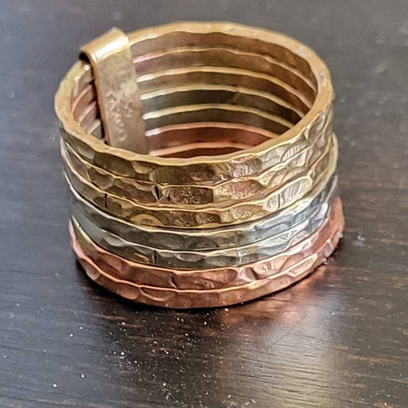 Tricolor Tri Metal Seven layer Gypsy Ring Hammered Silver Bronze Copper Sz 5.25