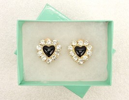 Black Enamel Heart Earrings, Gold Tone, White Crystals, Fashion Jewelry,... - £7.62 GBP