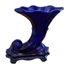 Cobalt Blue Cornucopia Vase, Wave and Whale Face, Unique Horn of Plenty ... - $42.88