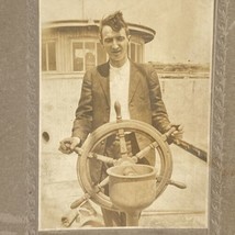 c1900 Cabinet Card Young Man At Ships Wheel Sepia Gel Silver Photograph 4x5in - £9.35 GBP