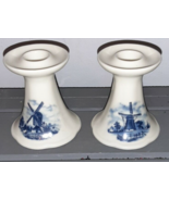 Ter Steege BV Delft Blauw Hand Painted Blue Windmill Candlesticks - $50.45 CAD