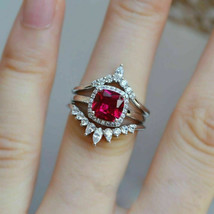 2.00Ct Cushion CZ Pink Ruby Trio Set Engagement Ring14K White Gold Plated-Silver - £119.89 GBP