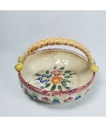 Vintage White Ceramic Hand Painted Basket Japan 7x4&quot;  Floral Handle Dish... - £19.63 GBP