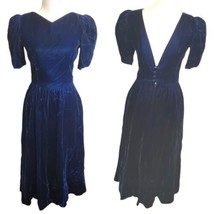 Vintage Lanz Of Salzburg Blue Velvet Sheath Dress Low Back Sz Small Pockets - $77.23