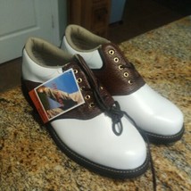 NWT Vintage Dunlop Men&#39;s Size 9.5 White/Brown Leather Saddle Golf Shoes - $64.35