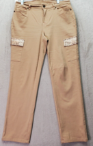 DG2 Cargo Pants Women Petite 6 Tan Sequin Pockets Cotton Flat Front Straight Leg - £18.33 GBP