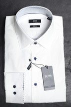 HUGO BOSS Uomo Hank Kent Slim Fit Bianco Cotone Elastico Camicia 44 17.5 - £47.94 GBP