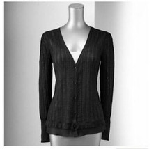 Simply Vera Wang Petite Pure Night Ribbed Cardigan Chiffon Trim Button Sweater - £31.38 GBP