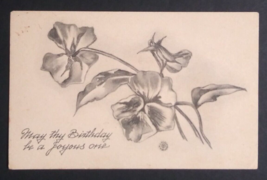 May thy Birthday be Joyous Pansies Flowers S Bergman Uncolored Postcard c1910s - £6.37 GBP