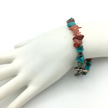 ARTISAN turquoise &amp; coral beaded bracelet - blue pink stone nugget toggle boho - £14.46 GBP