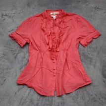 Aryeh Shirt Womens L Pink Short Sleeve Button Tie Ruffle Cotton Blouse - £17.91 GBP