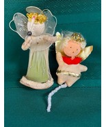 2 Vintage Angel Ornaments Flocked Pipe Cleaners Toile &amp; Paper Wings - $131.73 MXN