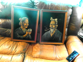 MCM Black Velvet Art Chinese Man Smoking Pipe Woman with tea Paintings - $74.25