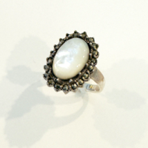 Solid Sterling Silver Mother of Pearl Ring Classic Style Marcasite Surro... - £15.17 GBP