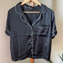 House of Harlow Satin Pajama Top PJ Shirt Black Piping Short Sleeve Size... - $17.81
